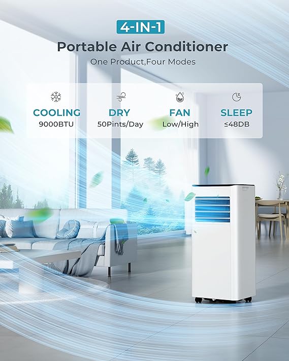 Portable Air Conditioner 9000 BTU, 4-in-1 Cooling & Dehumidifier, Energy Efficient, Quiet Operation, Digital Display, Window Kit, 24-Hour Timer