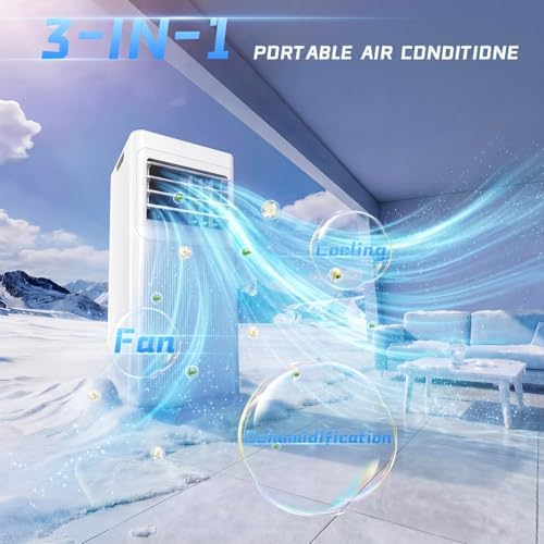 9000 BTU Portable Air Conditioner, 4-in-1 Cooling, Dehumidifier, Fan & Sleep Mode, Self-Evaporation, Remote Control, 24-Hour Timer