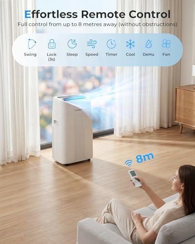 Portable Air Conditioner 14000 BTU, 4-in-1 Cooling, Dehumidifier, Fan & Sleep Mode, 24-Hour Timer, Auto-Swing, Remote Control, Exhaust Hose