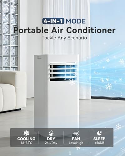 9000 BTU Portable Air Conditioner with WiFi Control, 4-in-1 Cooling, Dehumidifier, Fan & Sleep Mode, Remote Control, 24-Hour Timer