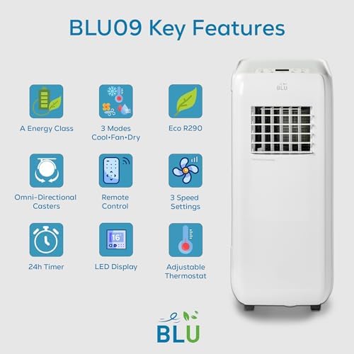 Portable Air Conditioner 9000 BTU, 3-in-1 Cooling, Dehumidifier & Fan, 3 Fan Speeds, Digital Display, Remote Control, Window Kit, Energy Class A